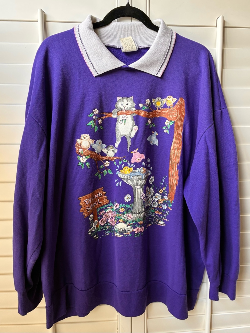 Vintage Basic Edition Purple Collared Graphic Sweater with Cat & Bird Motif 2x